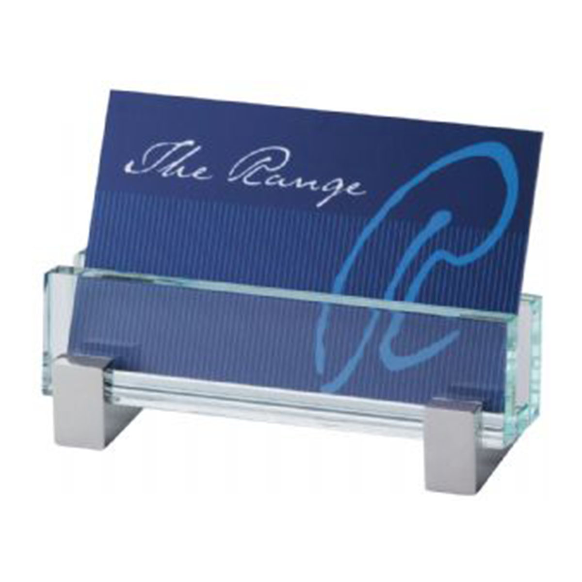 Glass Business Card Holder-Transparent with Silver Feet.