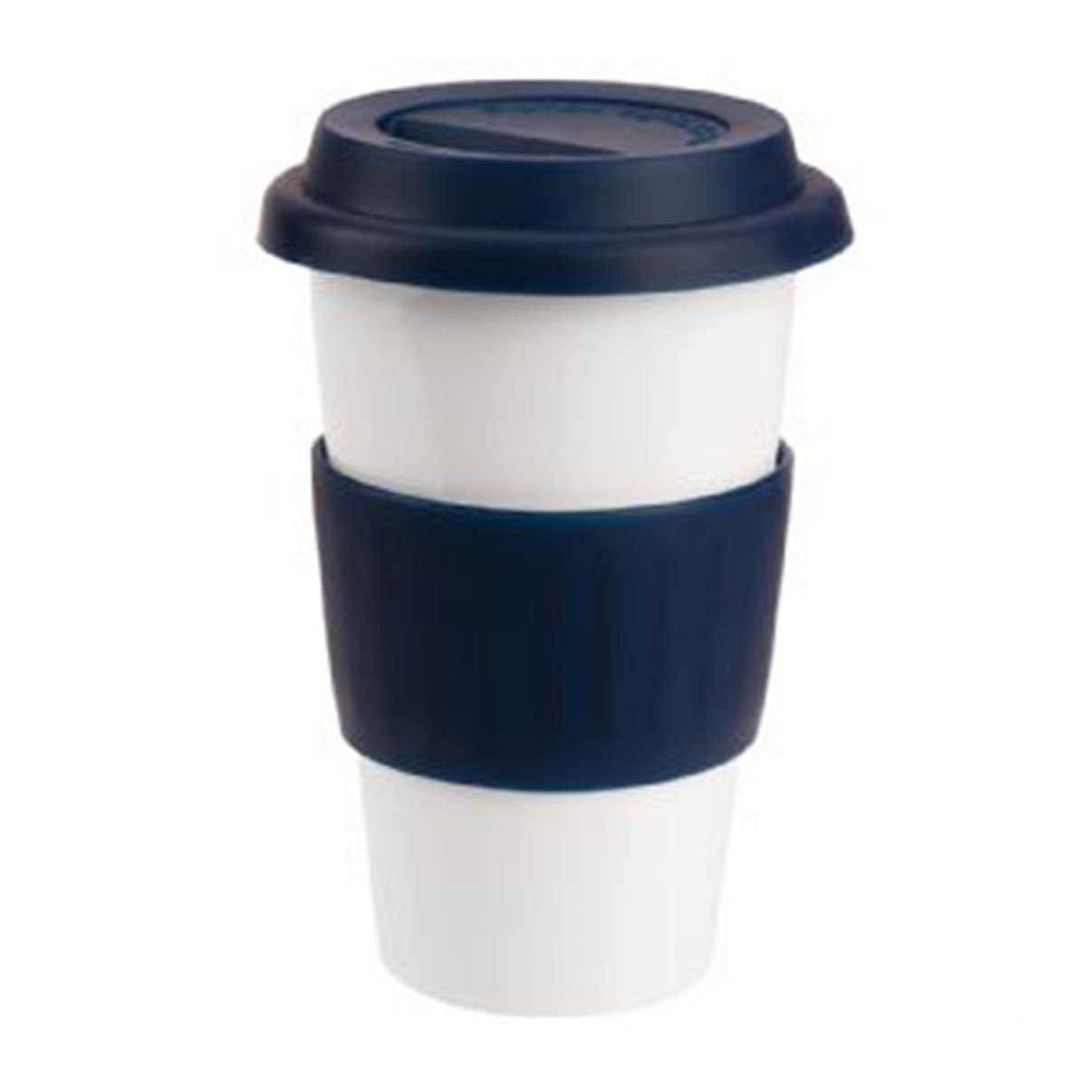 Ceramic Coffee Mug-White with Blue Band and Lid.