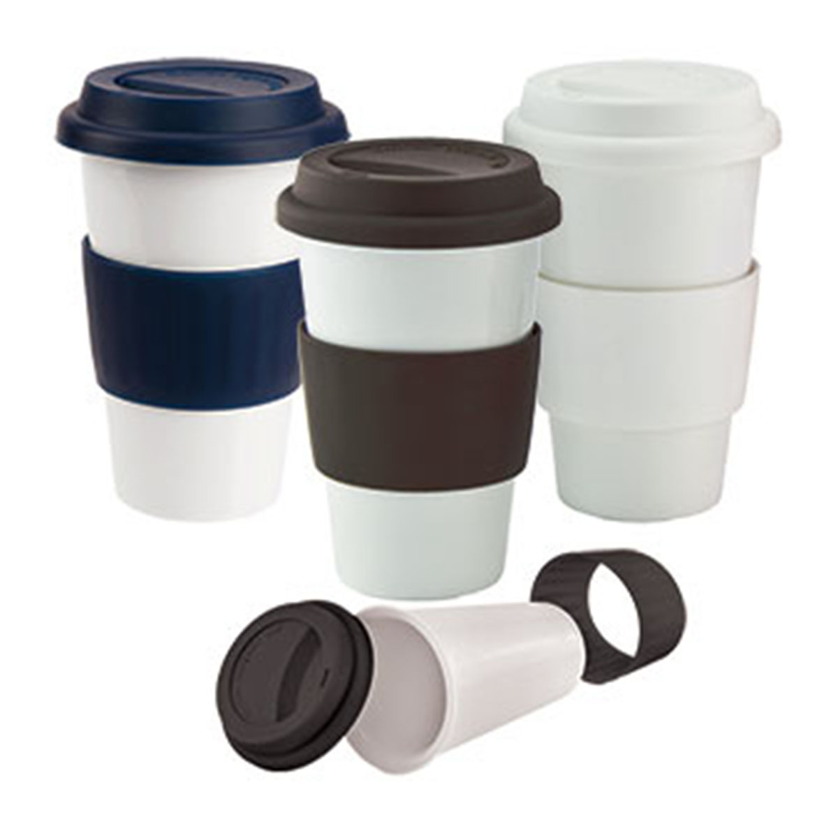 Ceramic Coffee Mug-White with Black Band and Lid.