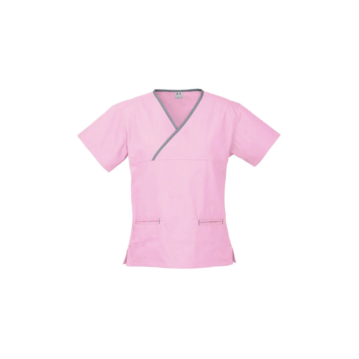 Ladies Contrast Crossover Scrubs Top-Baby Pink / Pewter