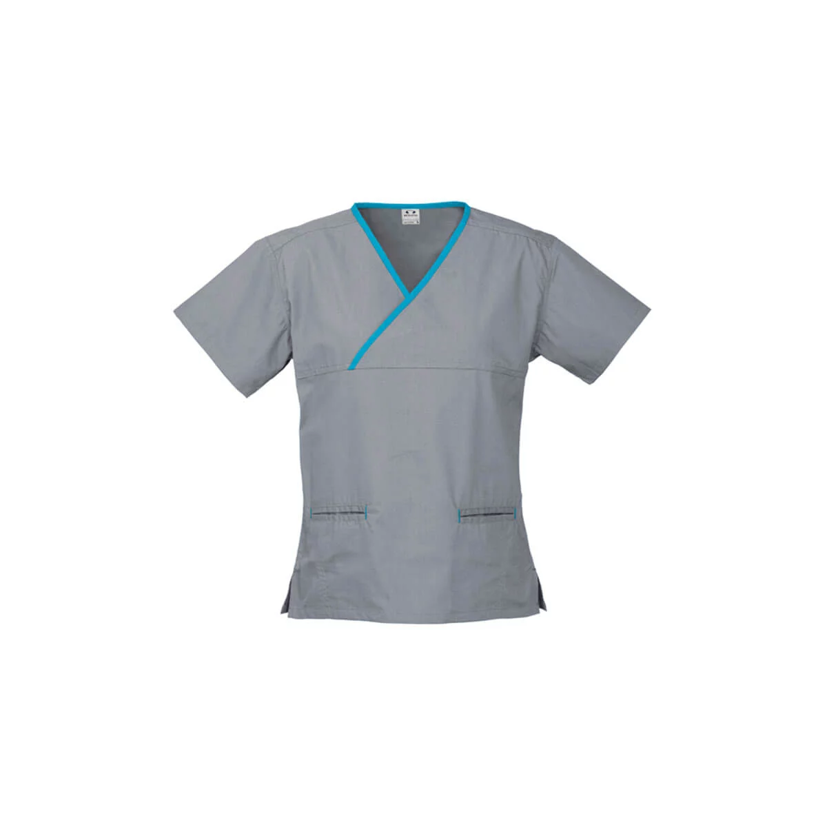 Ladies Contrast Crossover Scrubs Top-Pewter / Aqua