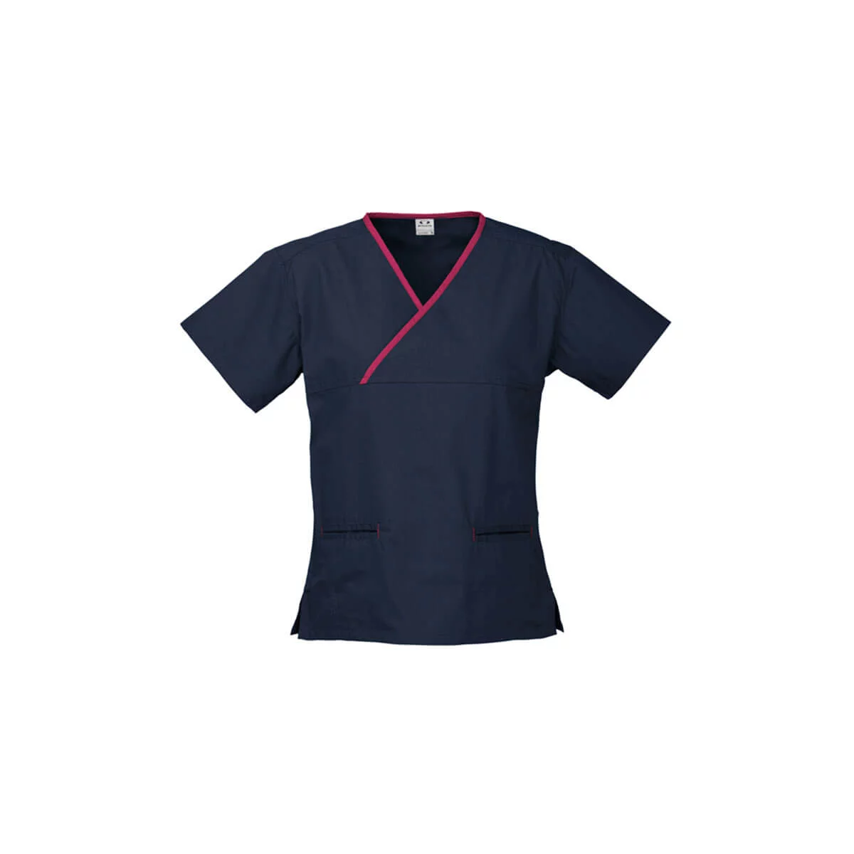 Ladies Contrast Crossover Scrubs Top-Navy / Fuchsia