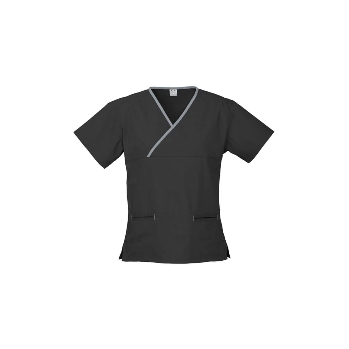 Ladies Contrast Crossover Scrubs Top-Black / Pewter