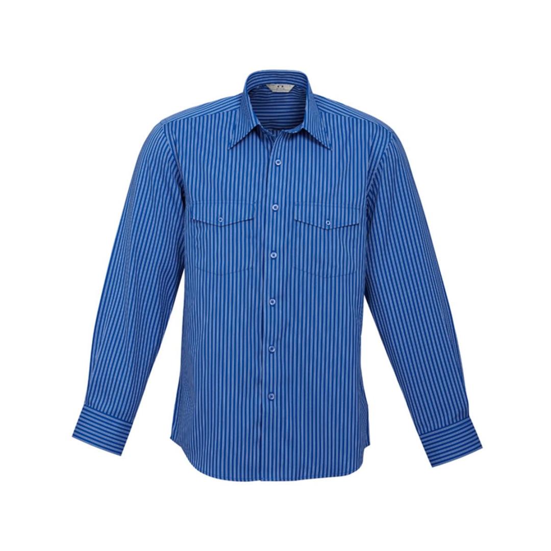 Mens Cuban Long Sleeve Shirt-Indigo / Silver