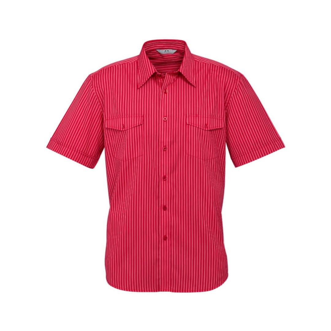 Mens Cuban Short Sleeve Shirt-Red / Silver