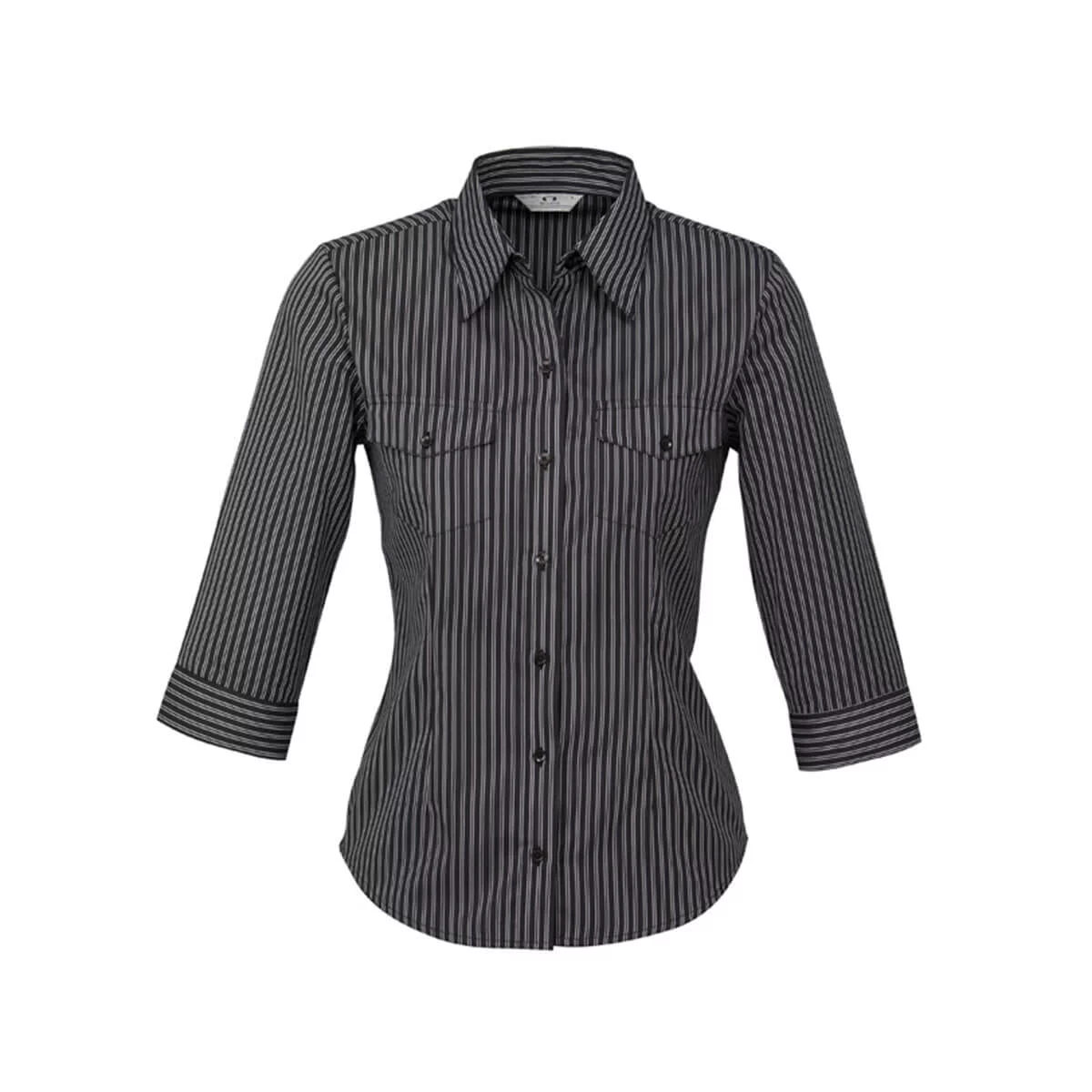 Ladies Cuban 3/4 Sleeve Shirt-Black / Silver