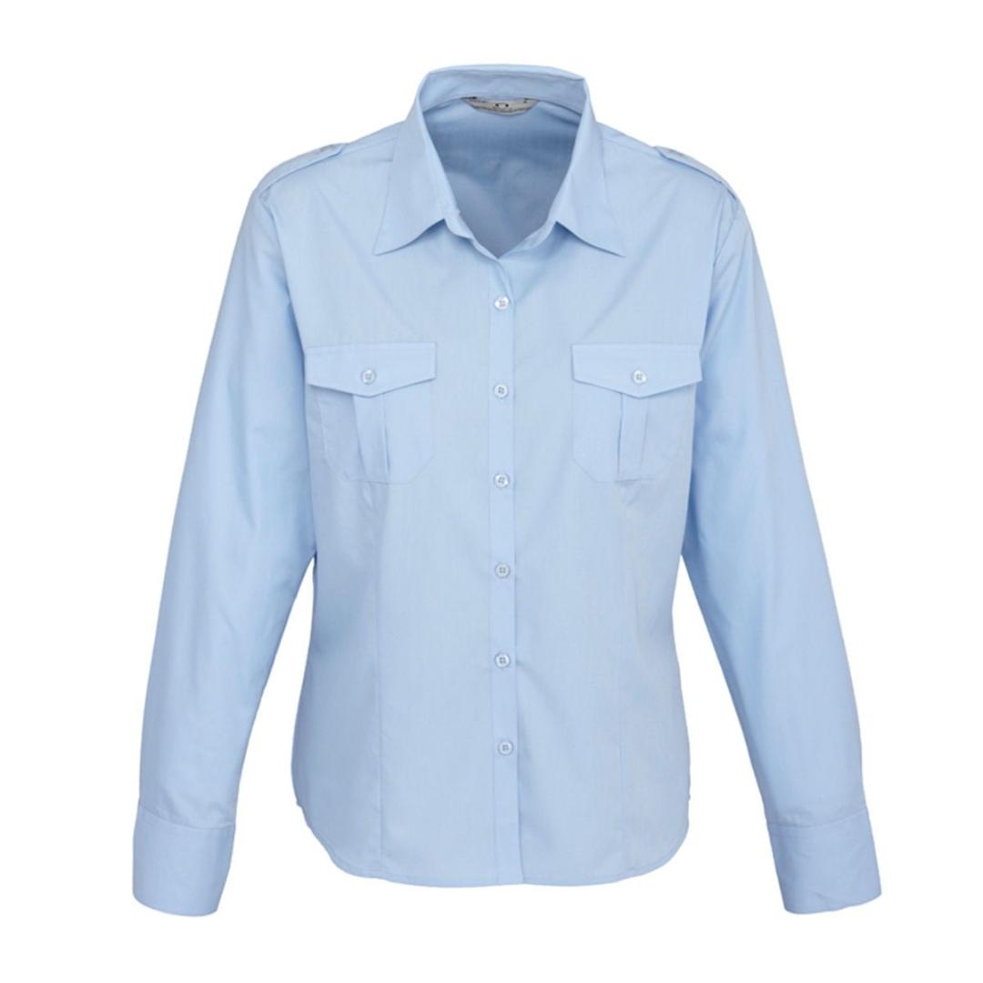 Ladies Epaulette Long Sleeve Shirt-Light Blue