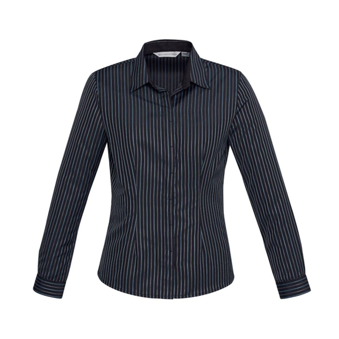 Ladies Reno Stripe Long Sleeve Shirt-Teal Blue