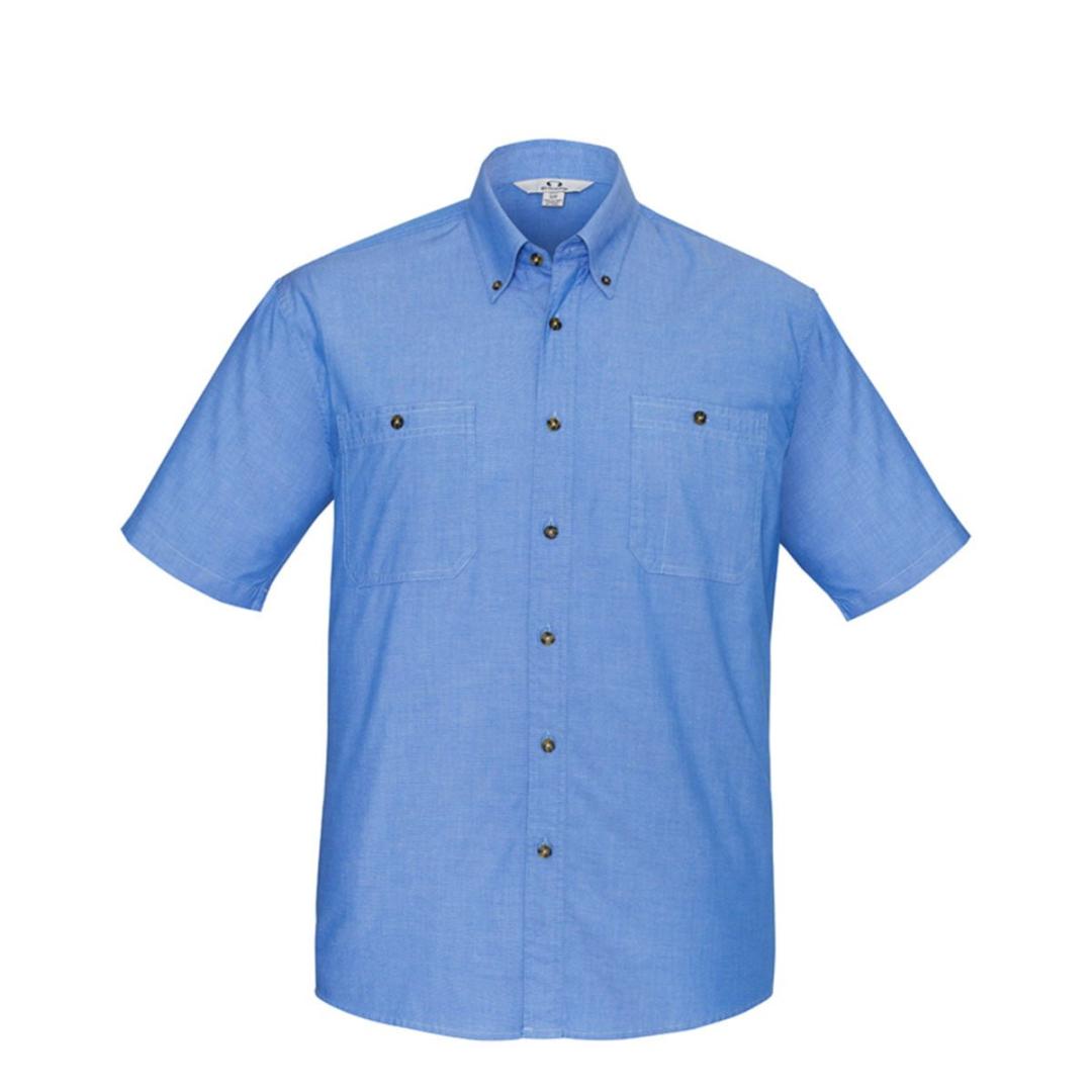 Mens Wrinkle Free Chambray Short Sleeve Shirt-Chambray