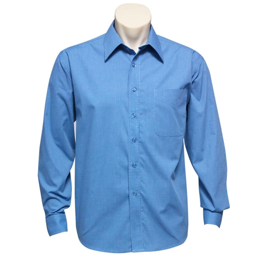 Mens Micro Check Long Sleeve Shirt-Mid Blue