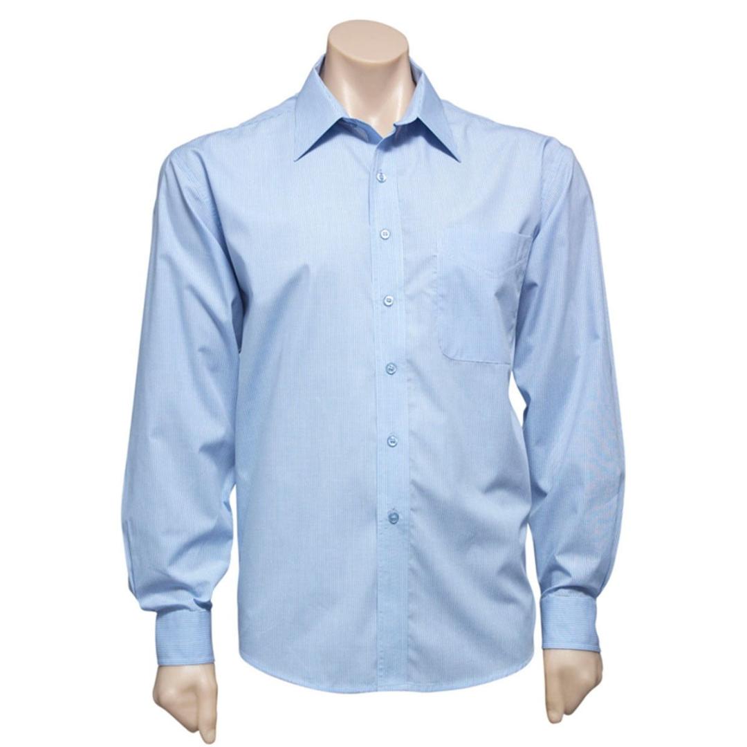 Mens Micro Check Long Sleeve Shirt-Sky