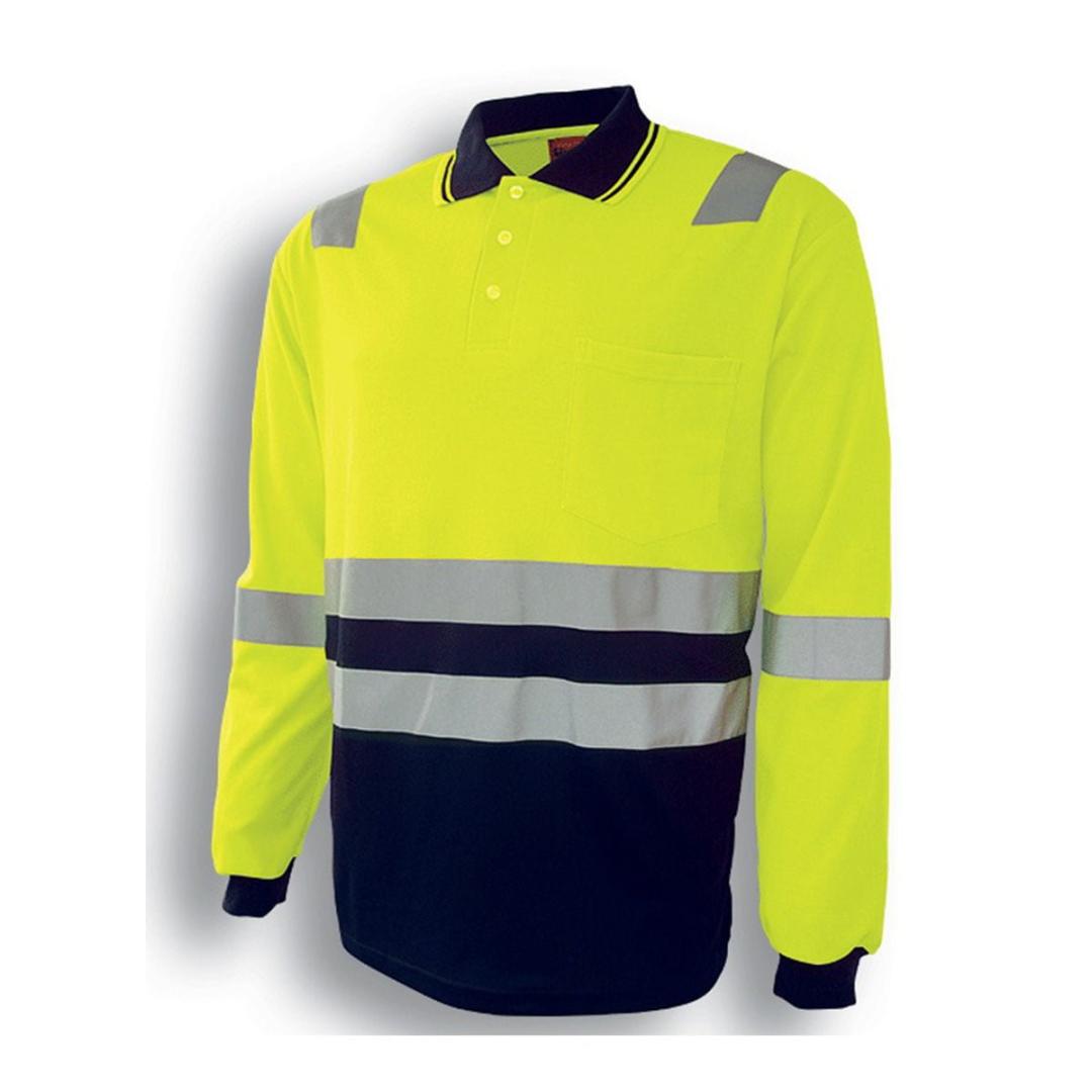 HI-VIS POLYFACE/COTTON BACK POLO WITH TAPE – L/S-Lime / Navy