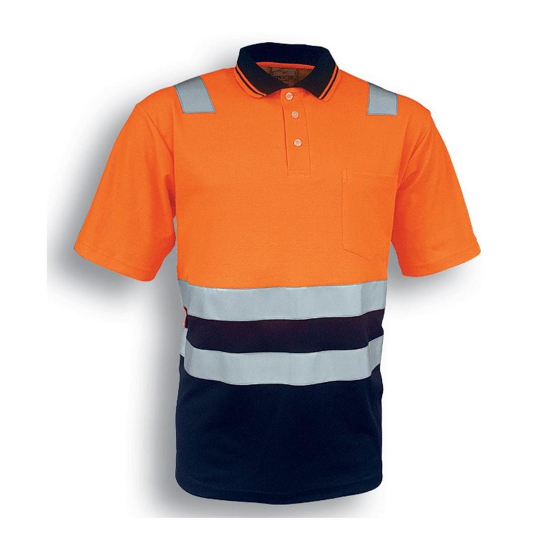 HI-VIS POLYFACE/COTTON BACK POLO WITH TAPE – S/S-Orange / Navy