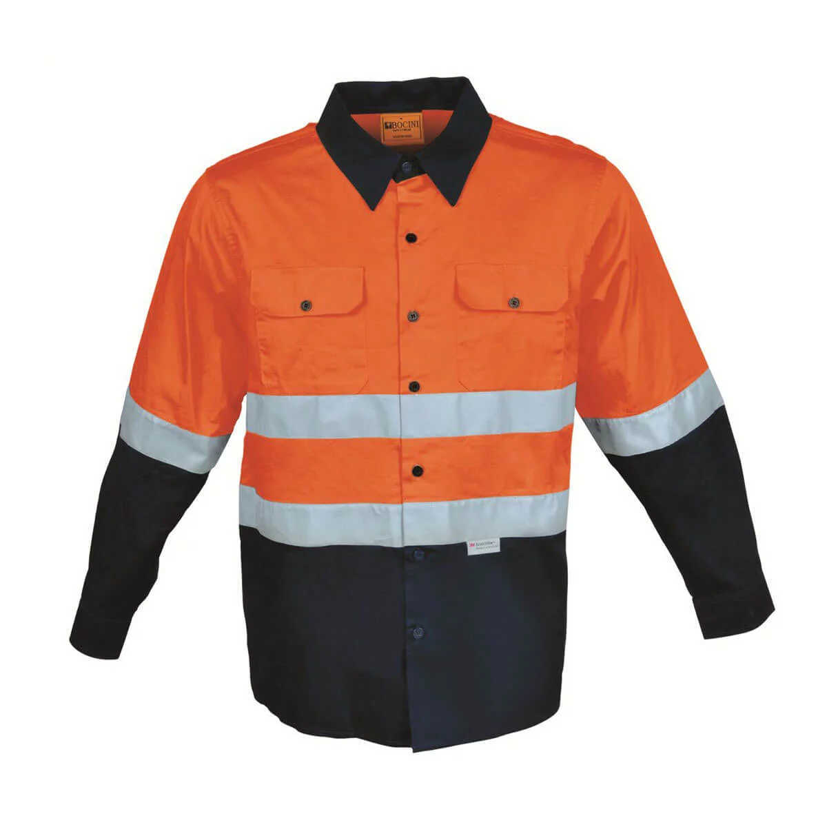 HI-VIS L/S COTTON DRILL SHIRT WITH TAPE-Orange / Navy